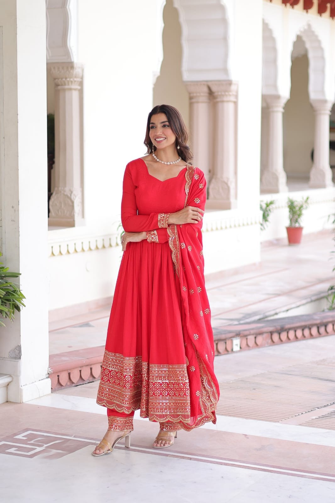 Coral Red Vichitra Silk Embroidered Gown With Pant & Dupatta Set